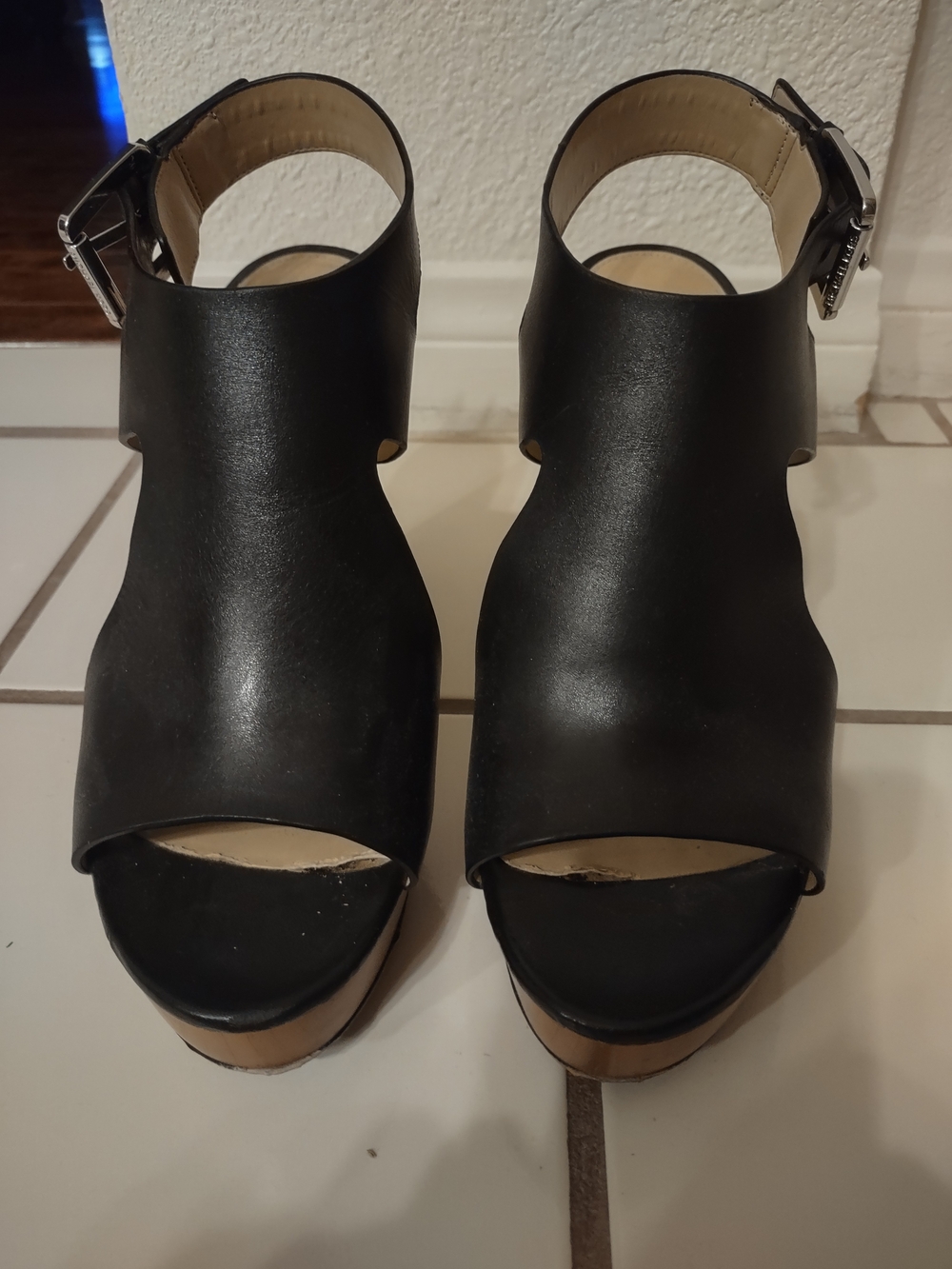 Micheal Kors Women’s Black Open-Toe Platform Sandals with Ankle Buckle